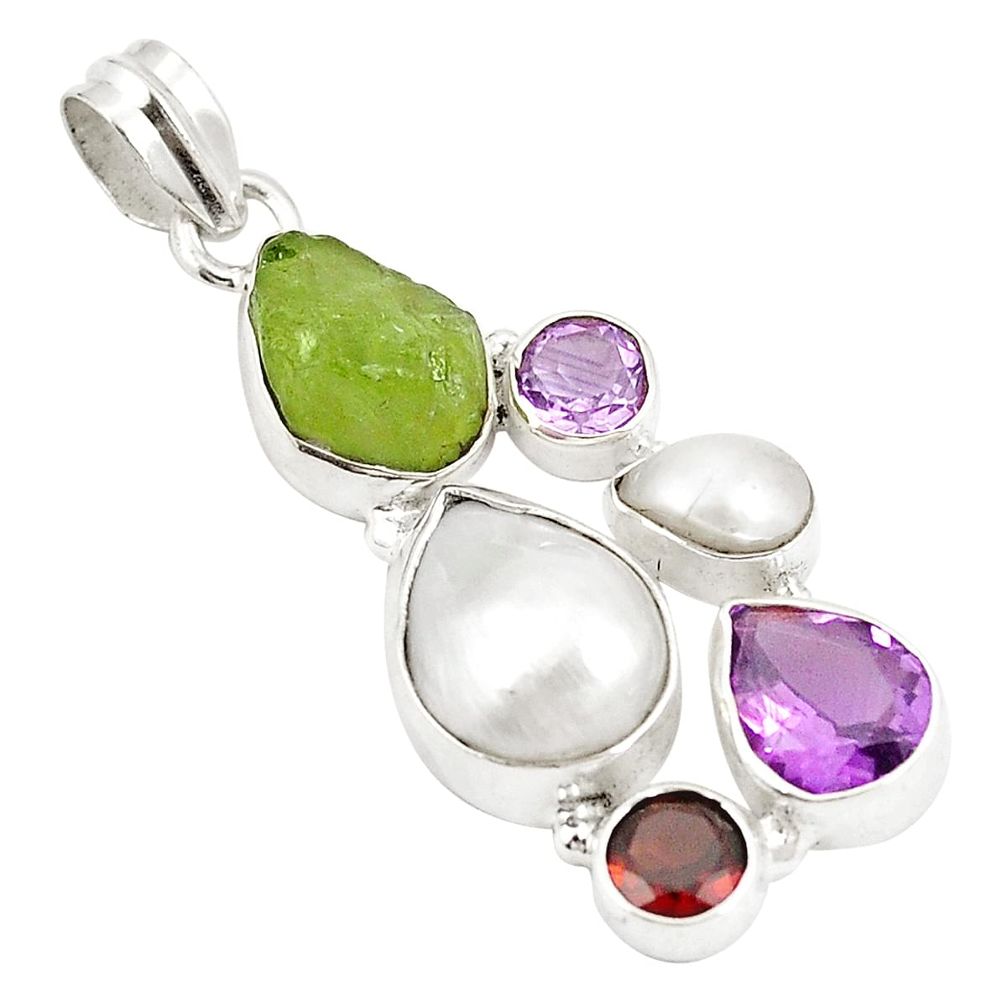 925 sterling silver natural white pearl peridot rough pendant jewelry d22345