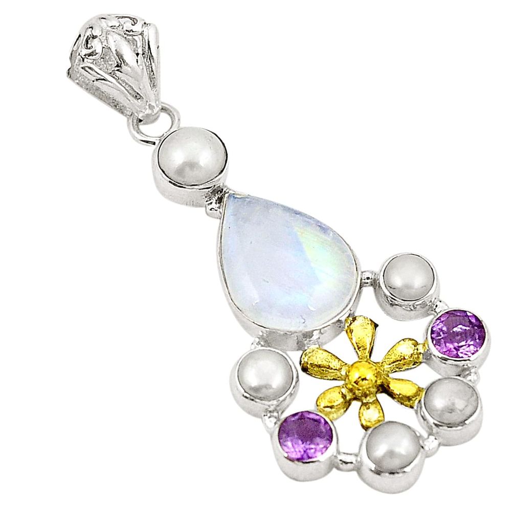 Natural rainbow moonstone amethyst 925 silver two tone pendant d22393