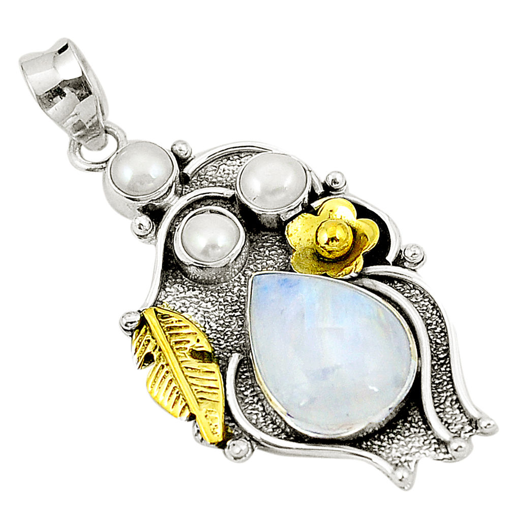 Natural rainbow moonstone pearl 925 silver two tone pendant d22394