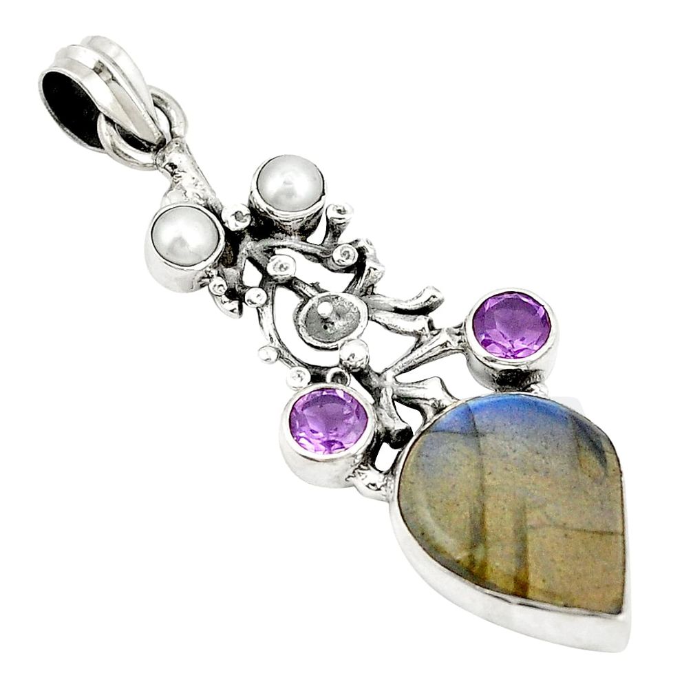 Natural blue labradorite amethyst 925 sterling silver pendant d22431