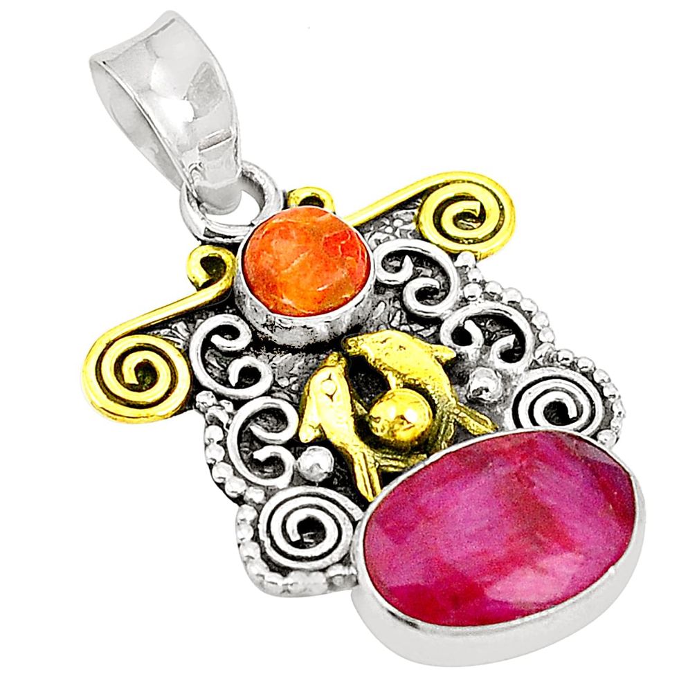 Natural red ruby copper turquoise 925 silver two tone pendant d22452