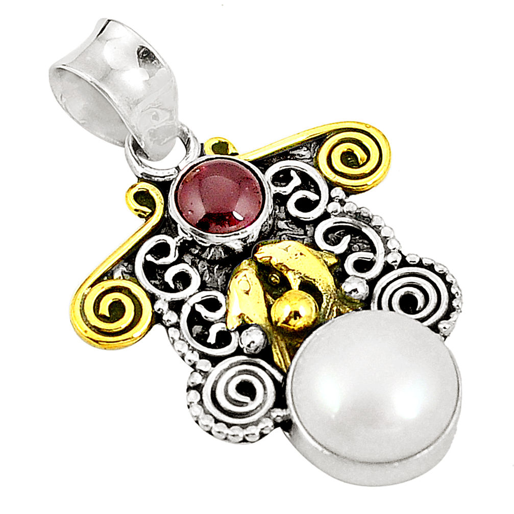 925 sterling silver natural white pearl red garnet two tone pendant d22455