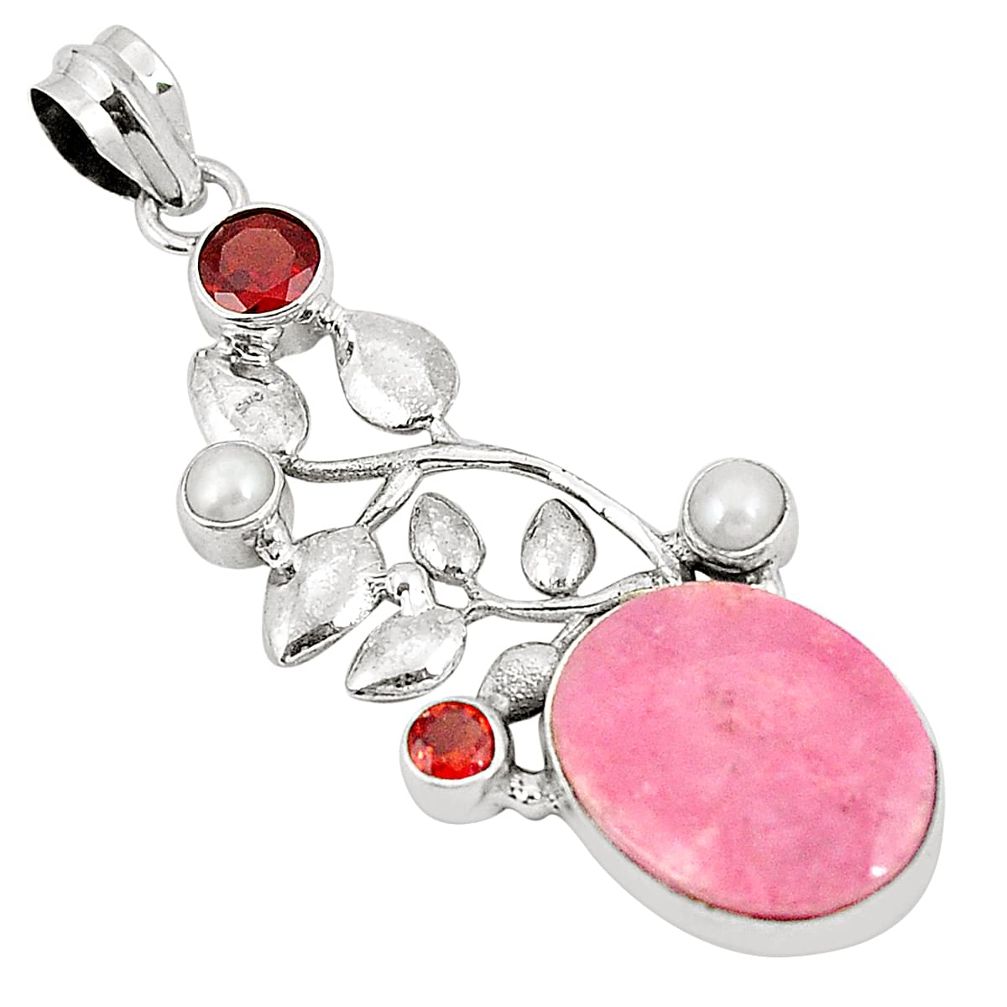 Natural pink rhodonite in black manganese pearl 925 silver pendant d22486