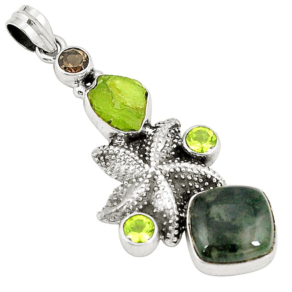 Natural green moss agate peridot 925 sterling silver pendant d22510