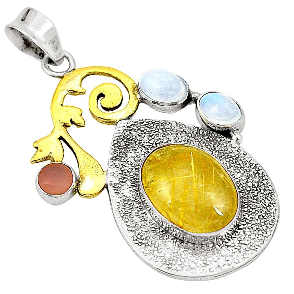 925 silver natural golden tourmaline rutile two tone pendant jewelry d22544