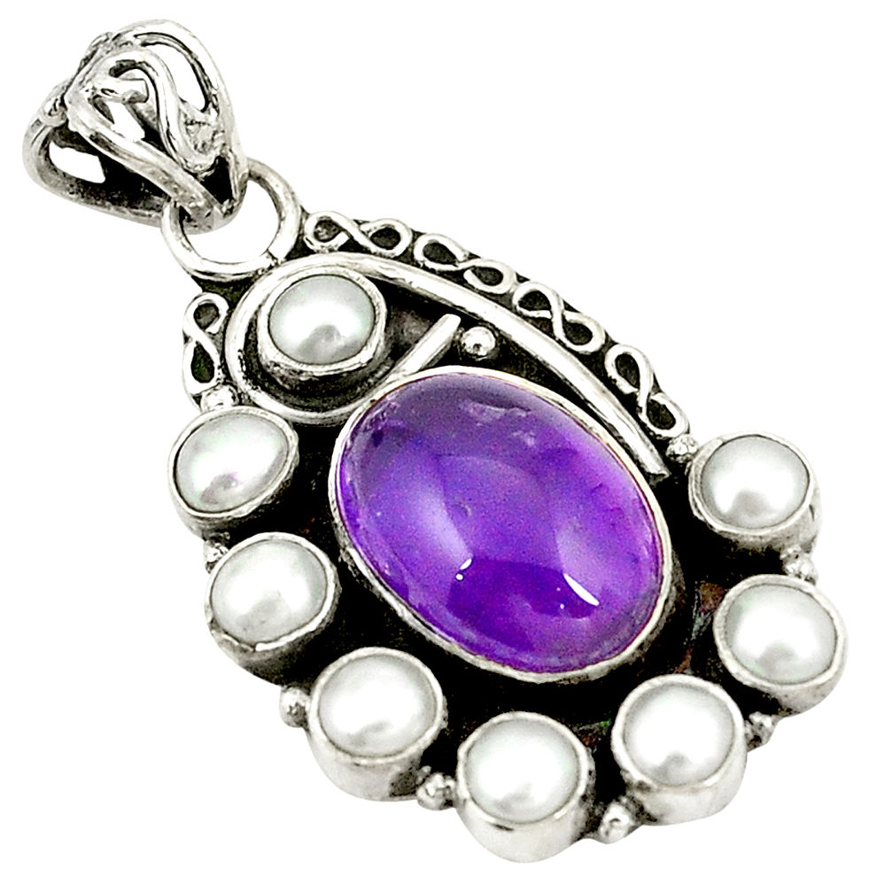 Natural purple amethyst white pearl 925 sterling silver pendant d22546