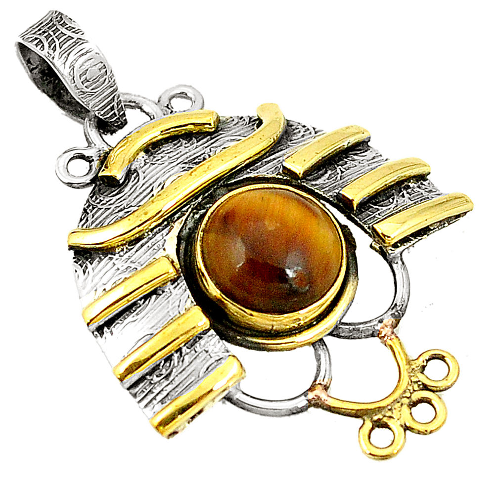 Natural brown tiger's eye 925 sterling silver two tone pendant d22559