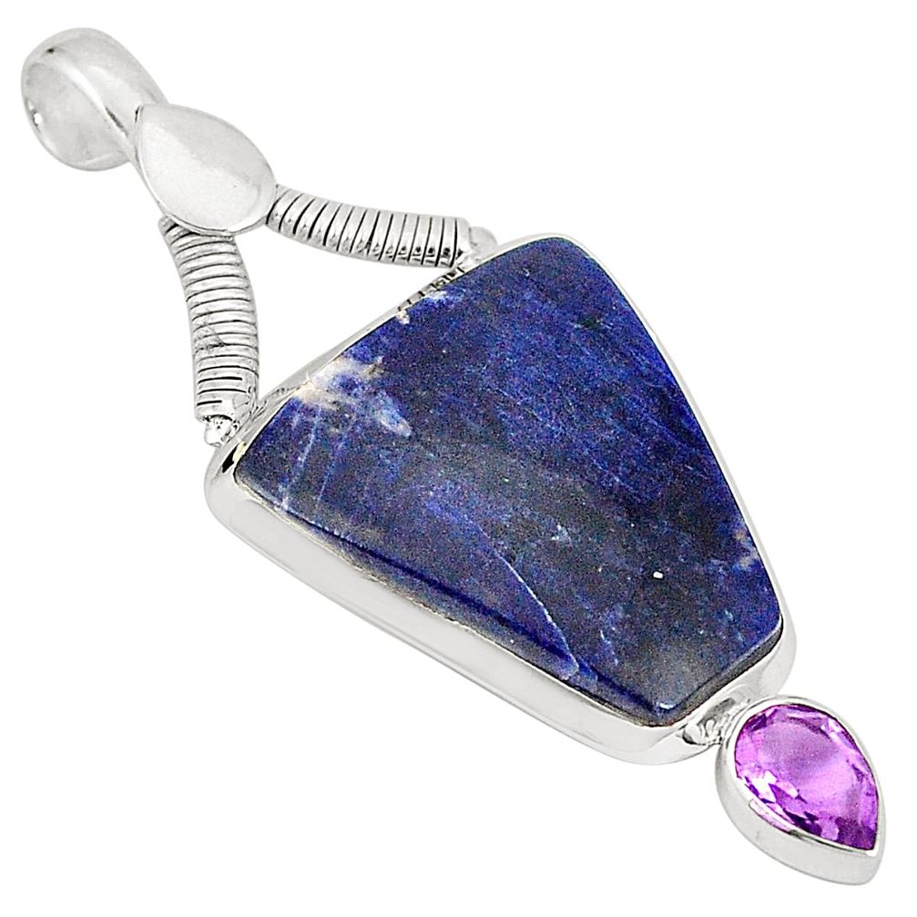 Natural blue sodalite amethyst 925 sterling silver pendant d22579