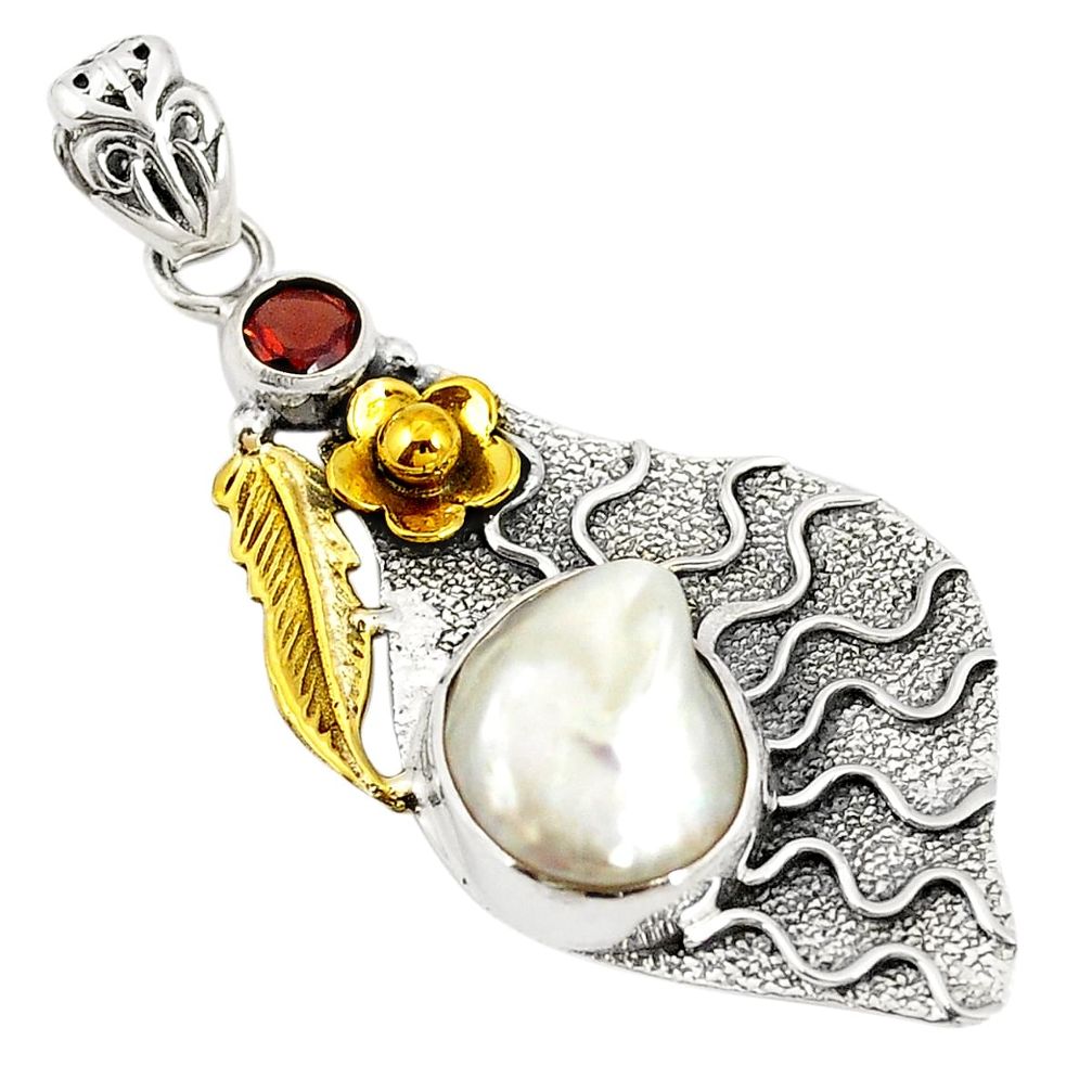 Natural white pearl garnet 925 sterling silver two tone pendant d22602