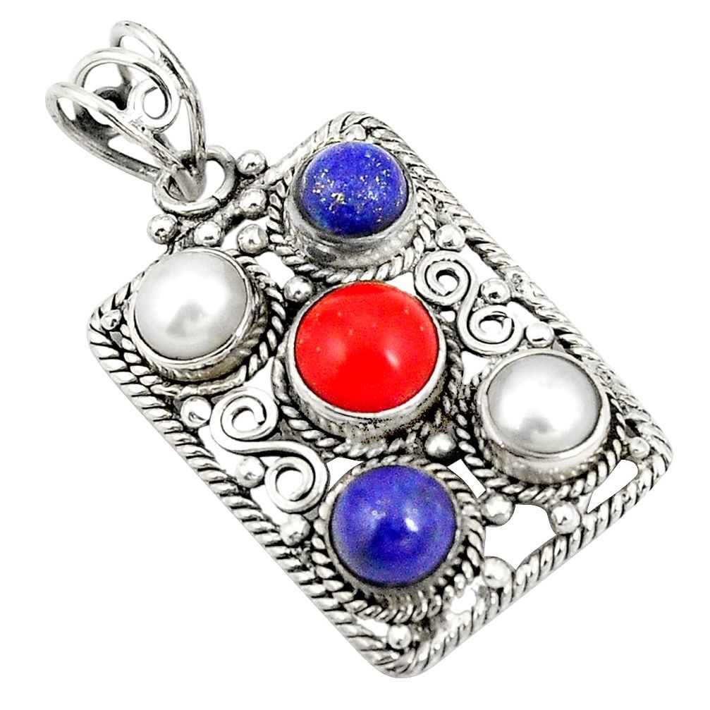 Red coral blue lapis lazuli 925 sterling silver pendant jewelry d22606