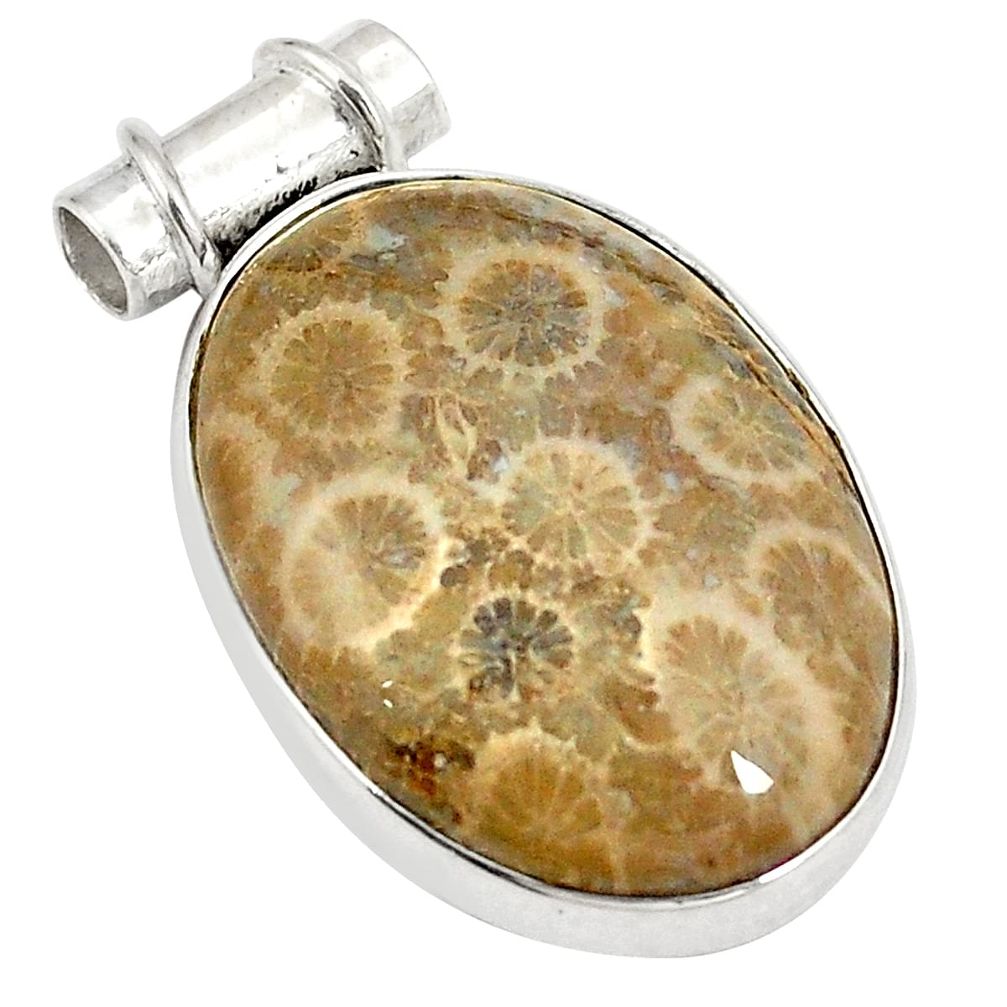 Natural brown fossil coral (agatized) petoskey stone 925 silver pendant d22626