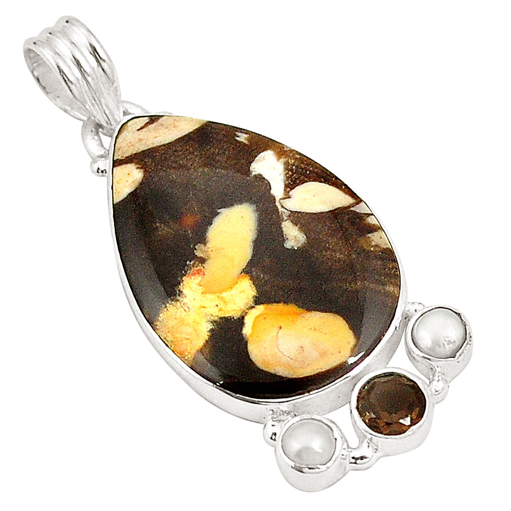 Natural brown peanut petrified wood fossil 925 silver pendant d22629