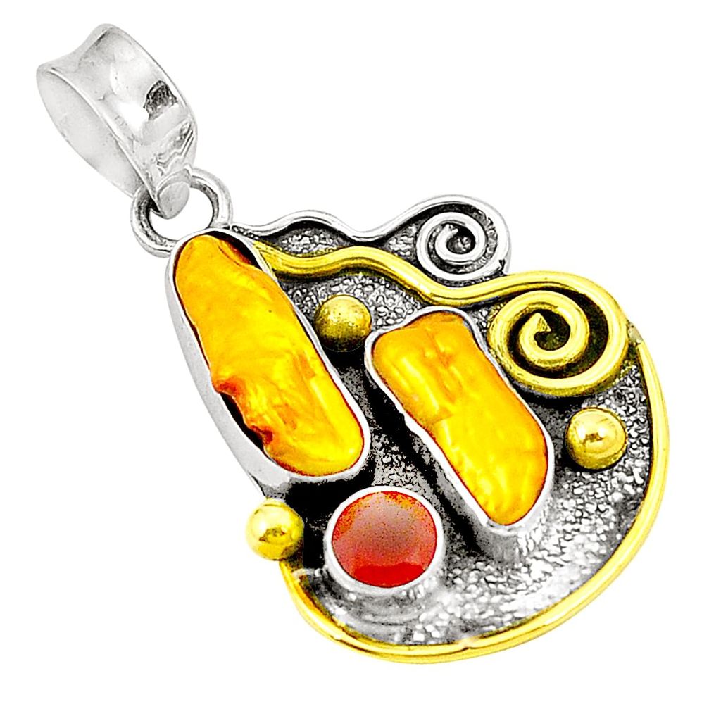 Natural yellow biwa pearl cornelian 925 silver two tone pendant d22669