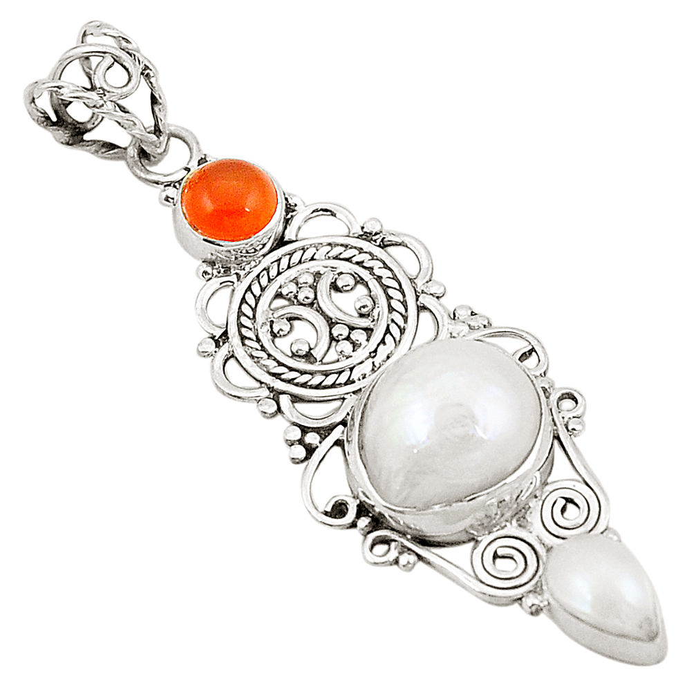 Natural white pearl cornelian (carnelian) 925 silver pendant jewelry d22689