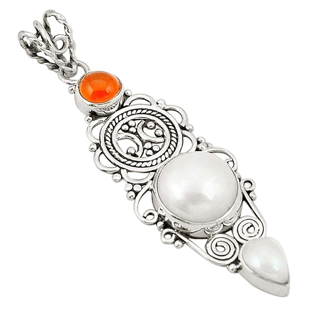 Natural white pearl cornelian (carnelian) 925 silver pendant jewelry d22690