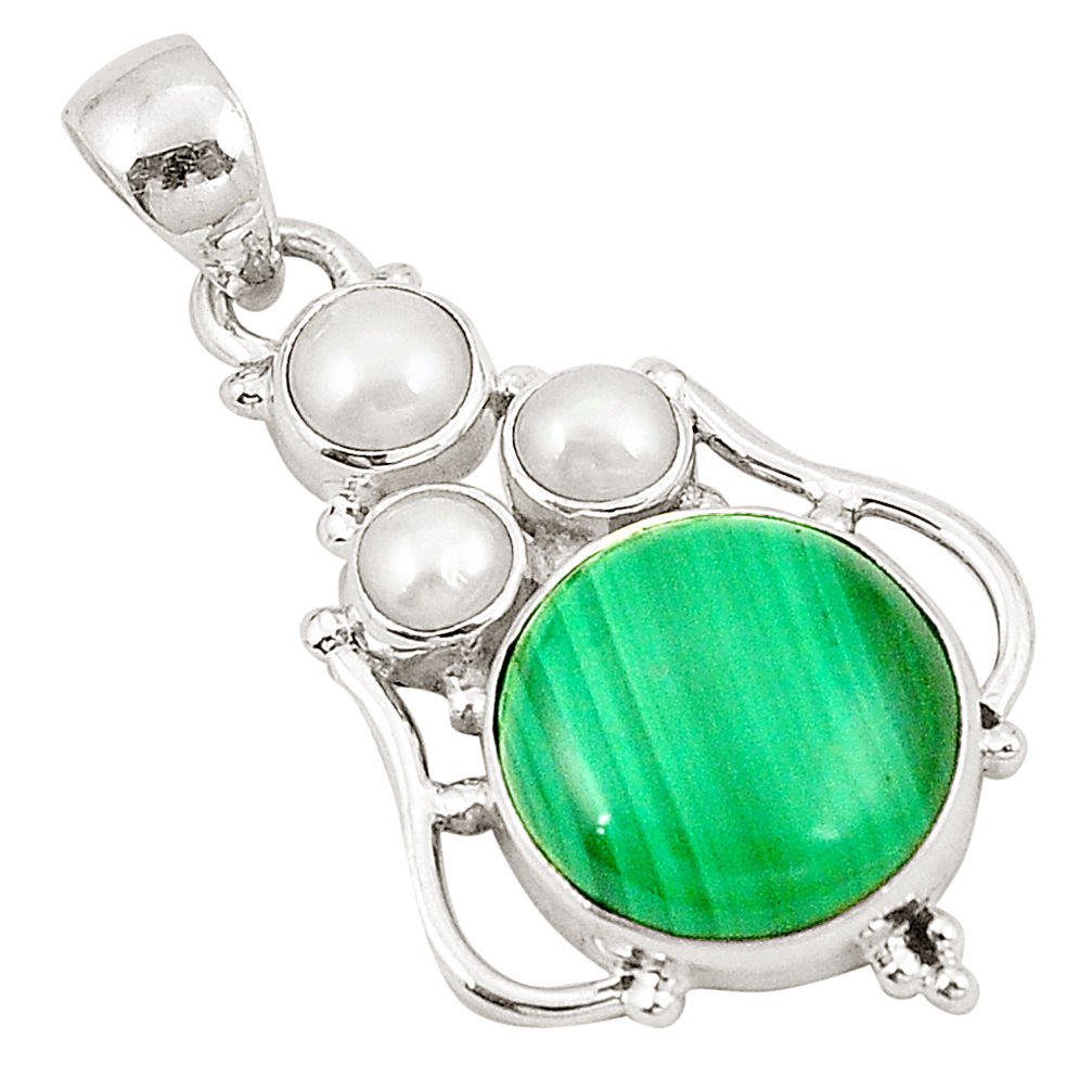 925 silver natural green malachite (pilot's stone) white pearl pendant d22691