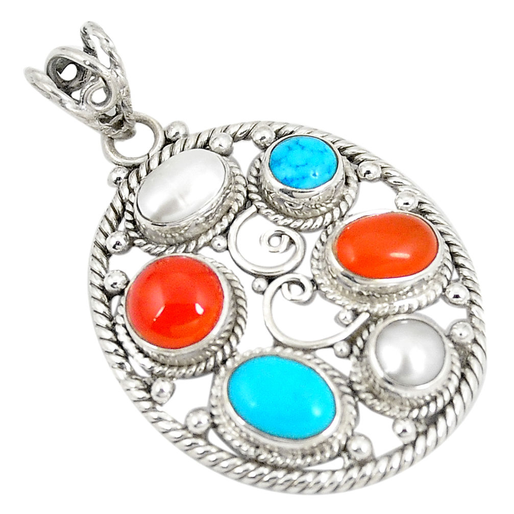 Natural orange cornelian (carnelian) pearl 925 silver pendant d22883