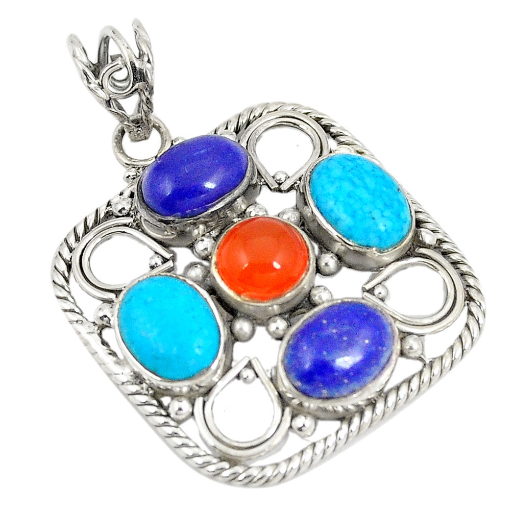 Natural orange cornelian (carnelian) lapis 925 silver pendant d22885