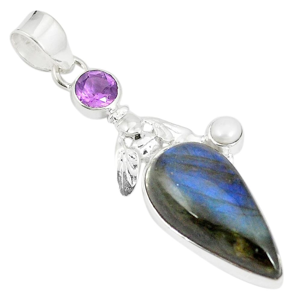 Natural blue labradorite amethyst 925 silver honey bee pendant d22929