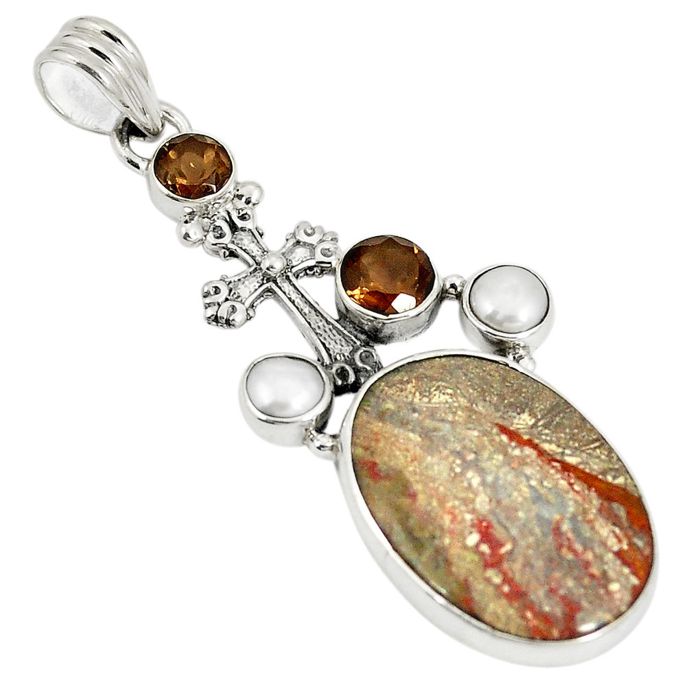 Natural brown mushroom rhyolite 925 silver holy cross pendant d22943