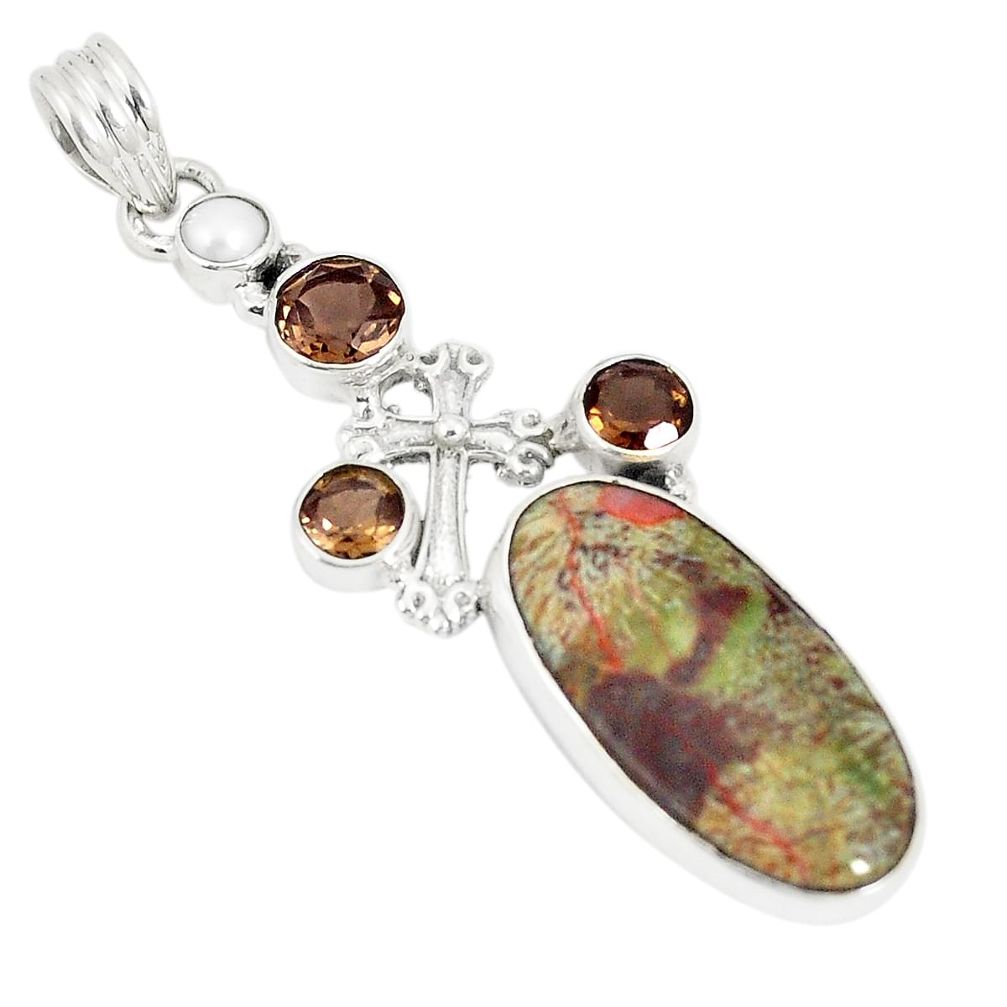 925 silver natural brown mushroom rhyolite smoky topaz pendant d22944