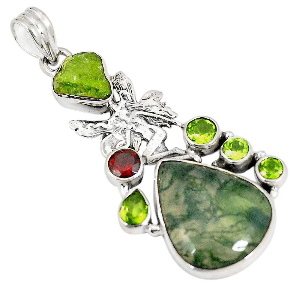 Natural green moss agate peridot 925 sterling silver pendant jewelry d22945