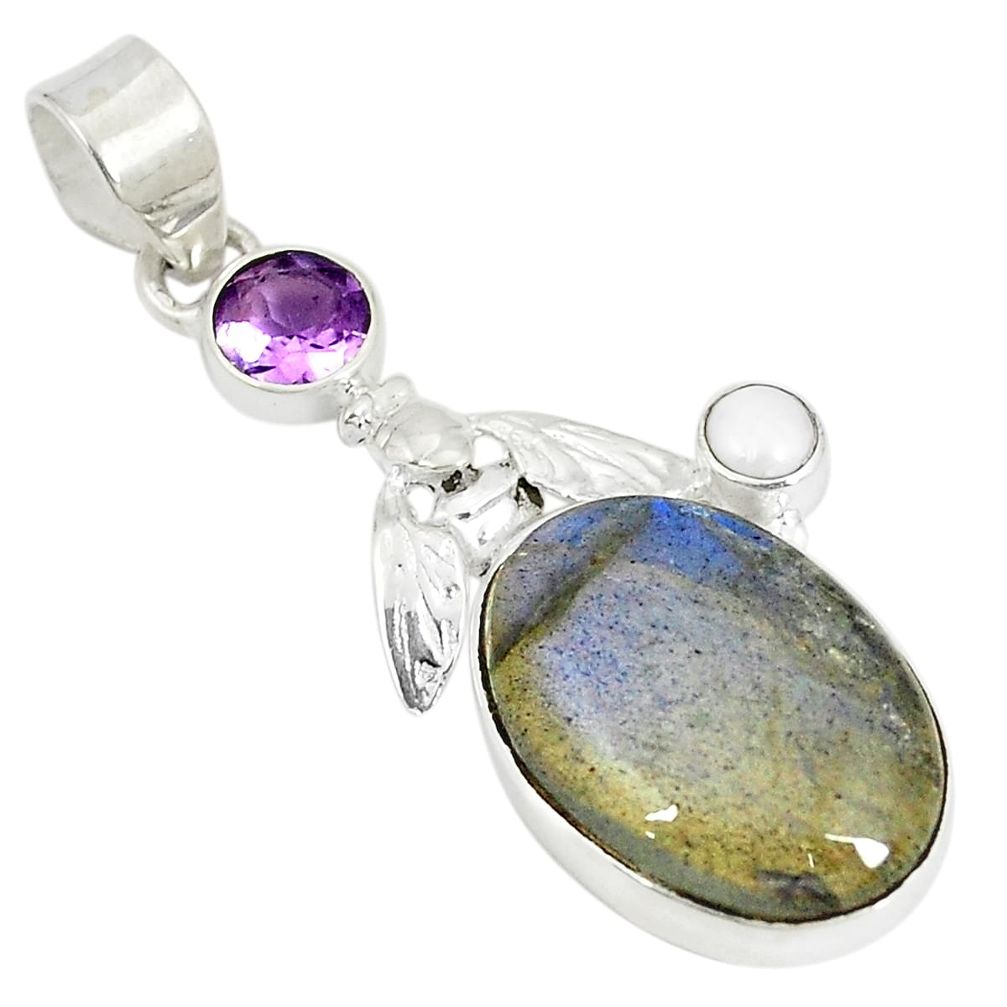 Natural blue labradorite amethyst 925 silver honey bee pendant d22982