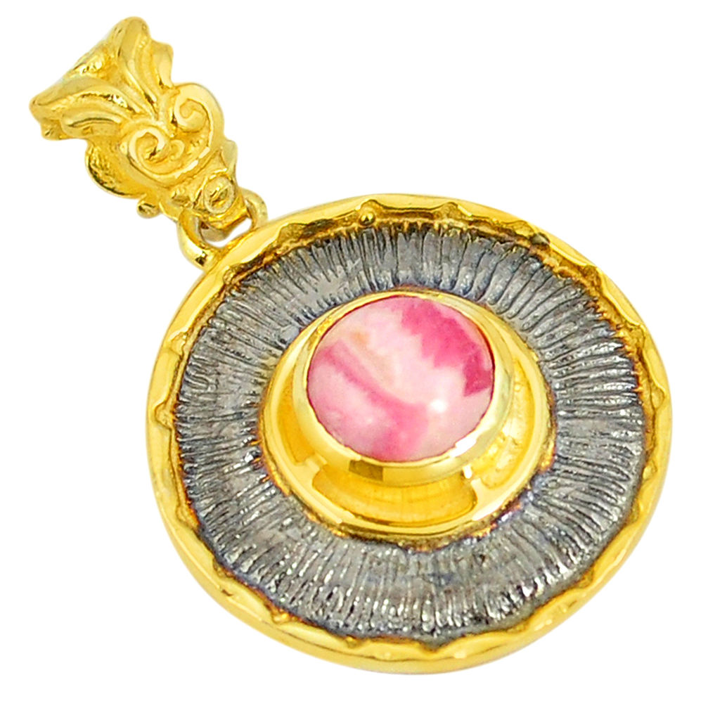 Natural pink rhodochrosite inca rose (argentina) 925 silver gold pendant d22983