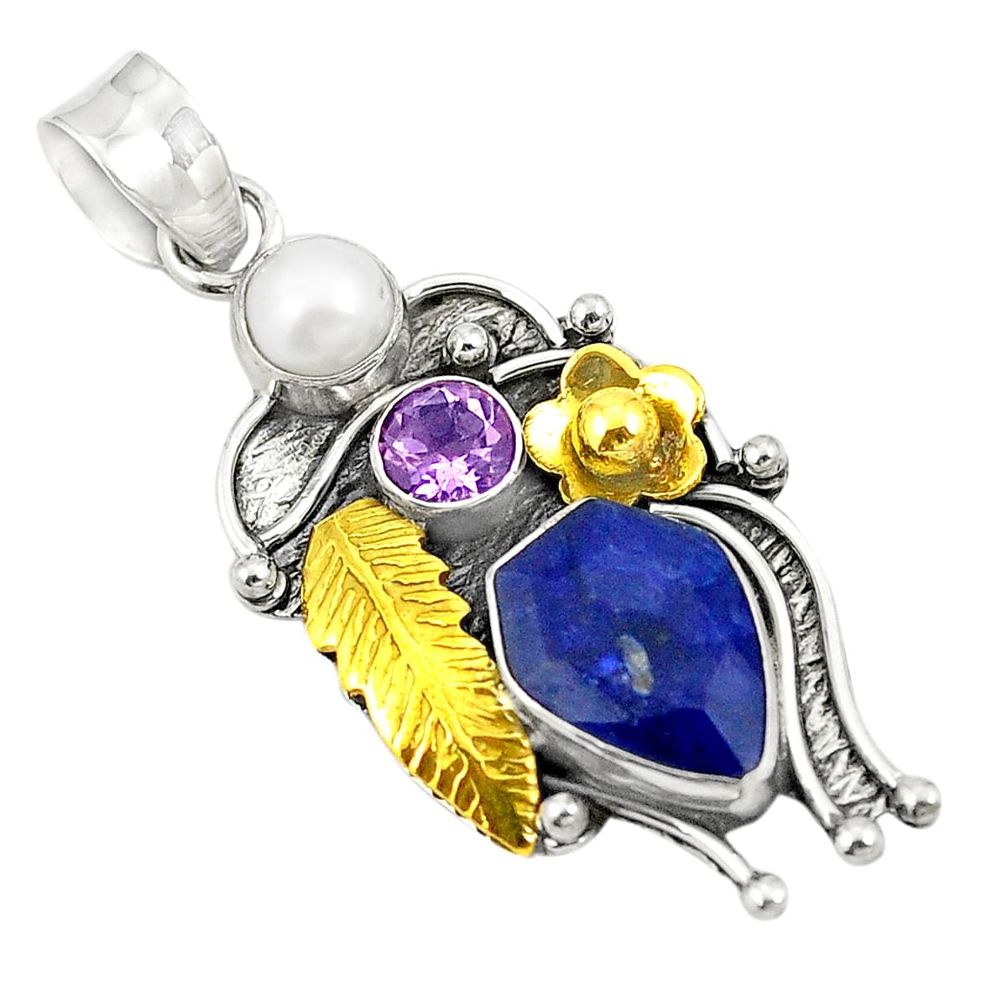 925 silver victorian natural blue sapphire two tone pendant jewelry d24086