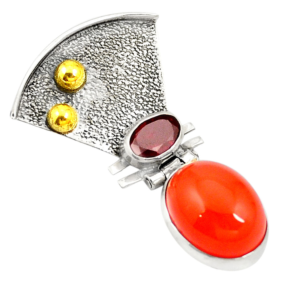 Natural orange cornelian (carnelian) 925 silver two tone pendant d24090