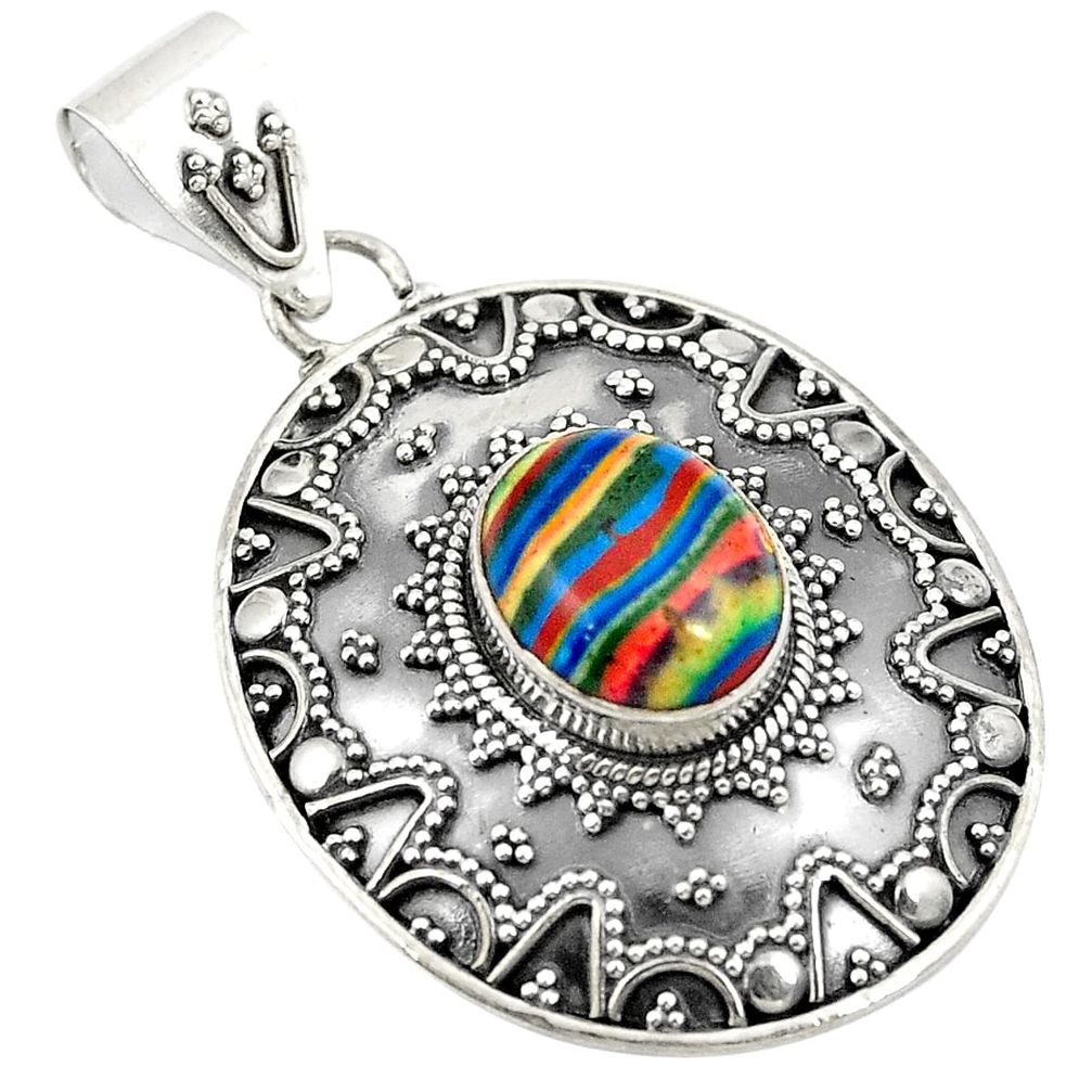 Natural multi color rainbow calsilica 925 sterling silver pendant d24165