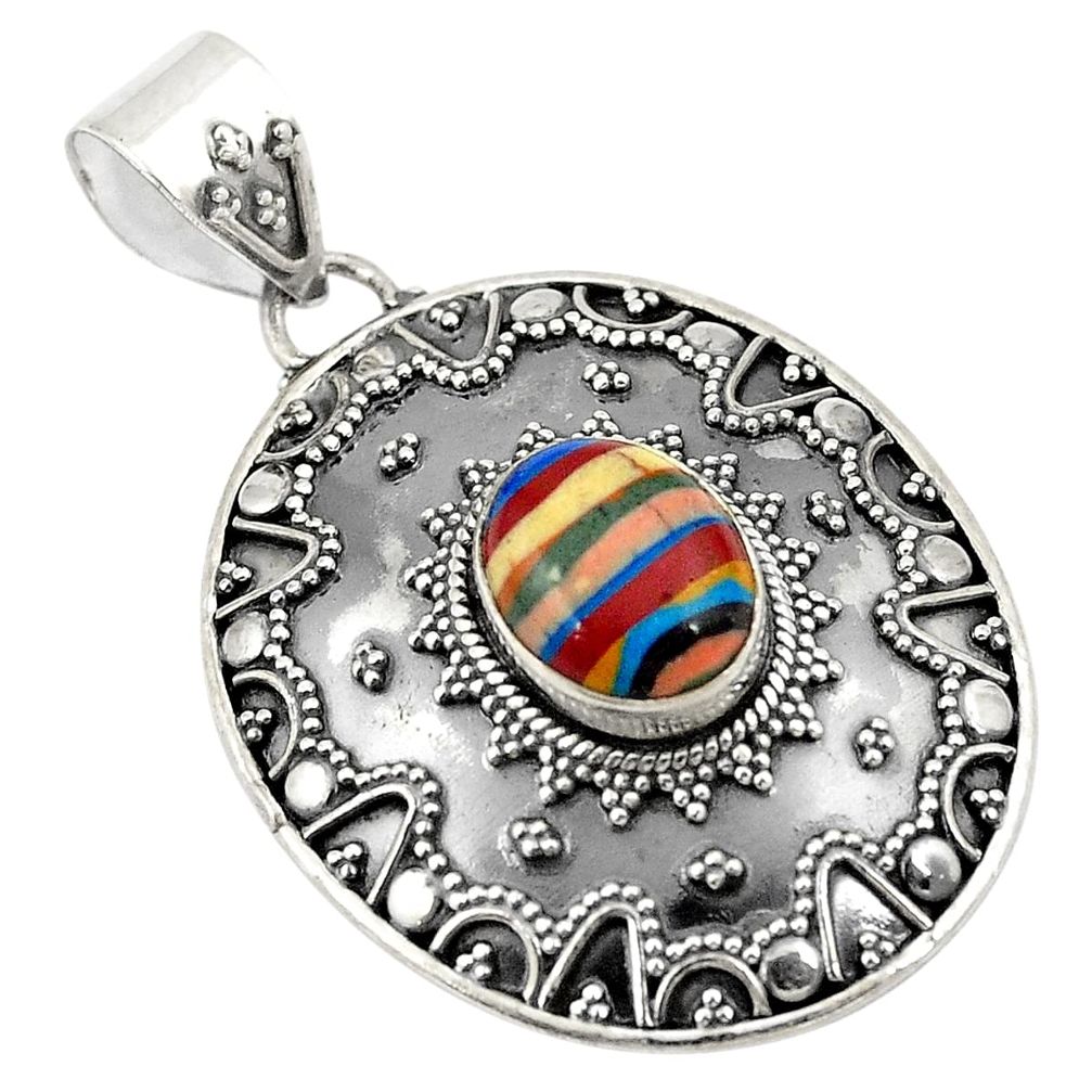 Natural multi color rainbow calsilica 925 sterling silver pendant d24167