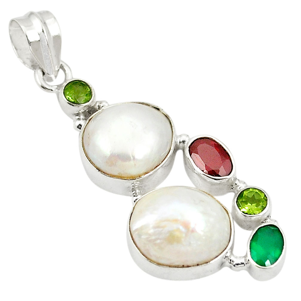 Natural white pearl chalcedony peridot 925 sterling silver pendant d24171