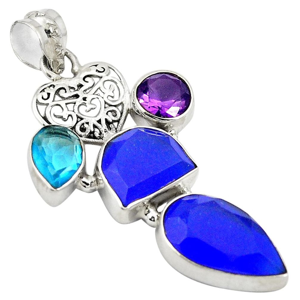 Natural blue chalcedony amethyst quartz 925 silver pendant jewelry d24234