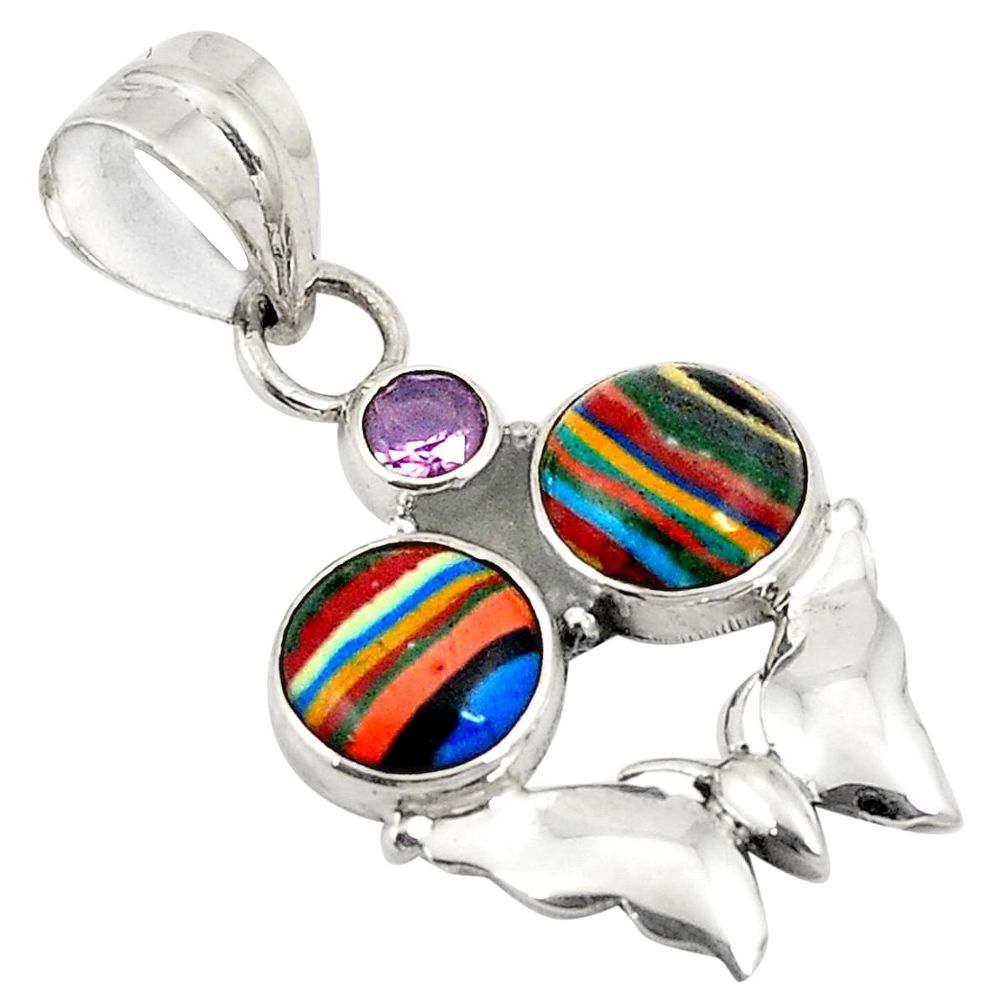 Natural multi color rainbow calsilica 925 silver butterfly pendant d24248