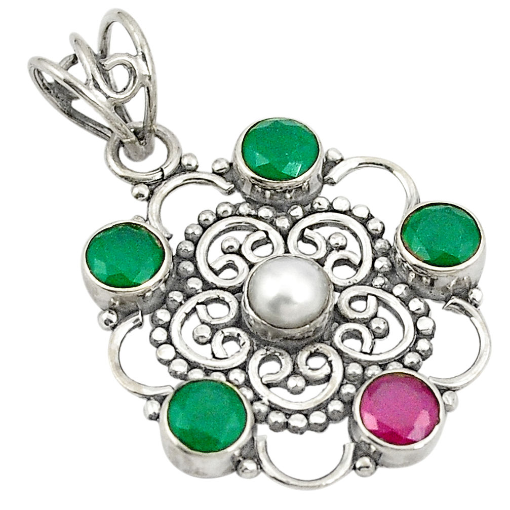 925 sterling silver red ruby green emerald quartz pearl pendant d24270