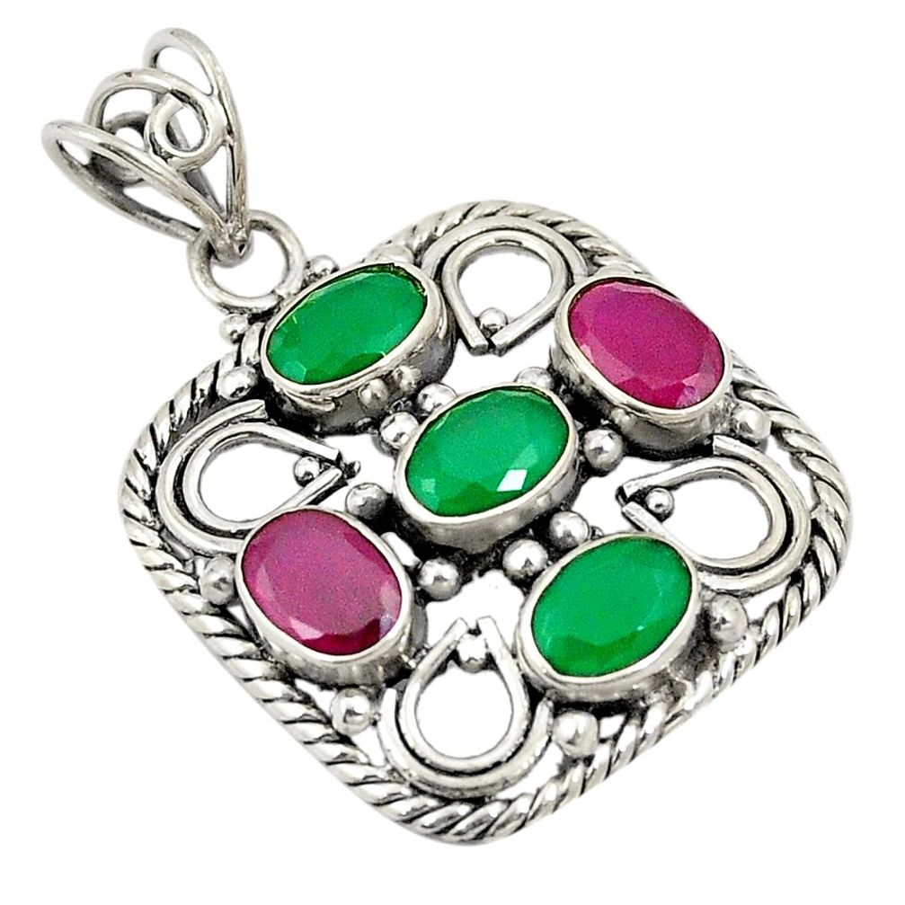 925 sterling silver green emerald red ruby quartz oval pendant d24304