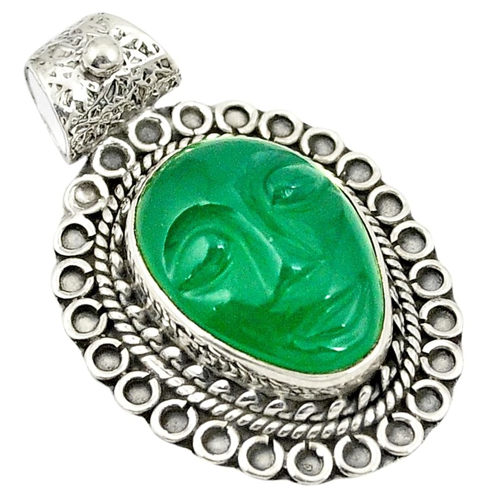 Natural green chalcedony carved face 925 sterling silver pendant jewelry d24323