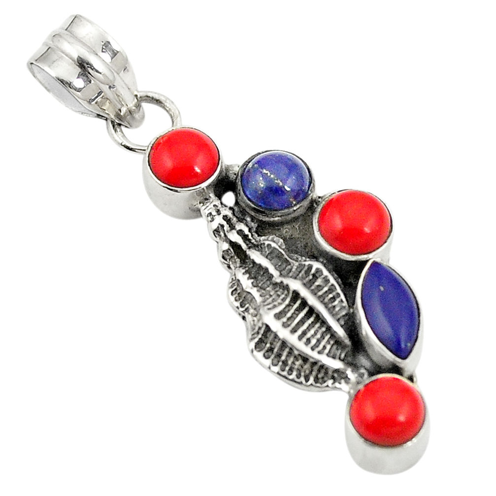 Natural blue lapis lazuli red coral 925 sterling silver pendant d24327