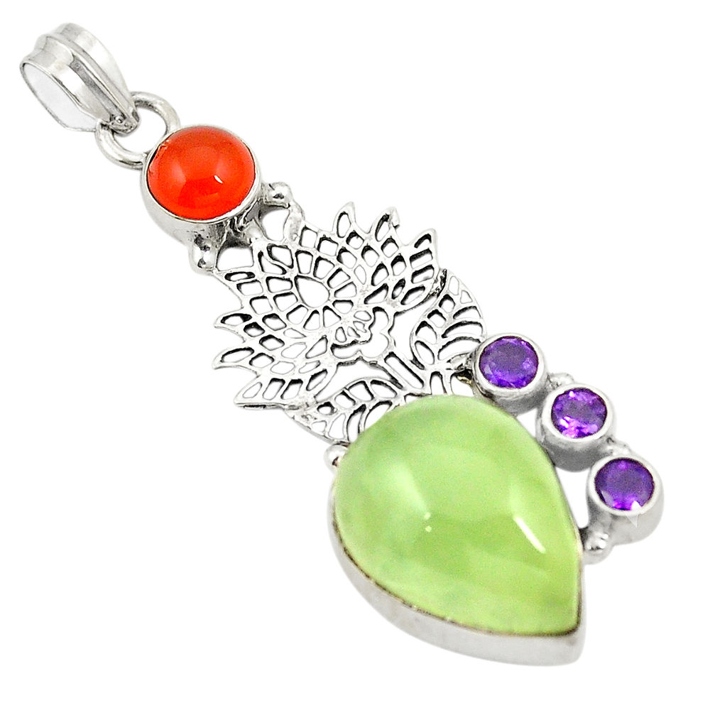 925 sterling silver natural green prehnite cornelian (carnelian) pendant d24384