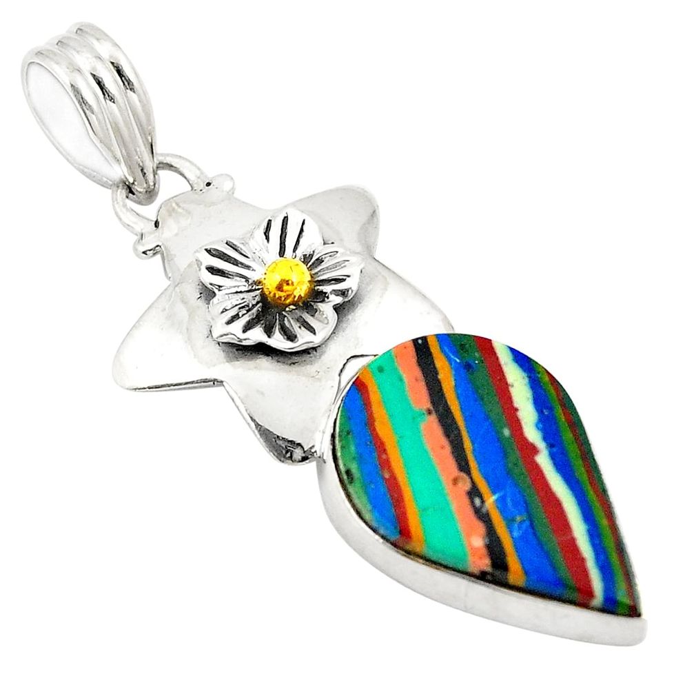 Natural multi color rainbow calsilica 925 sterling silver pendant d24412