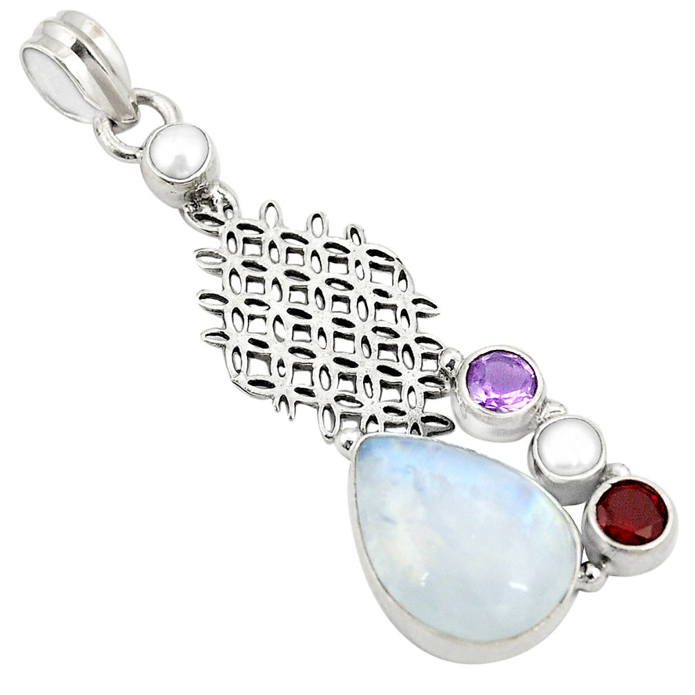 Natural rainbow moonstone amethyst 925 sterling silver pendant d24417