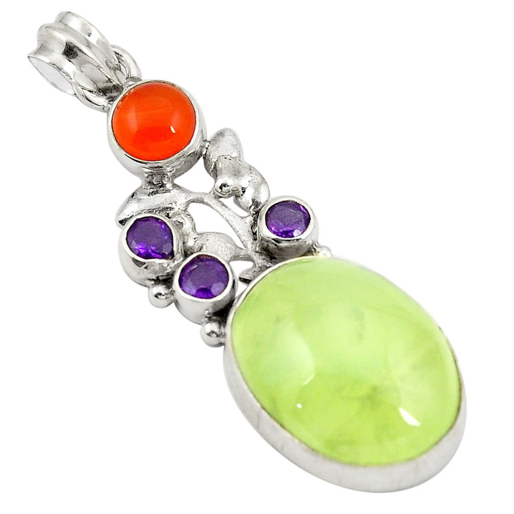 Natural green prehnite cornelian (carnelian) 925 silver pendant d24421