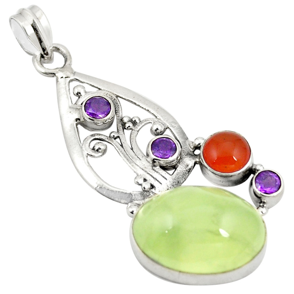 925 silver natural green prehnite cornelian (carnelian) pendant d24424