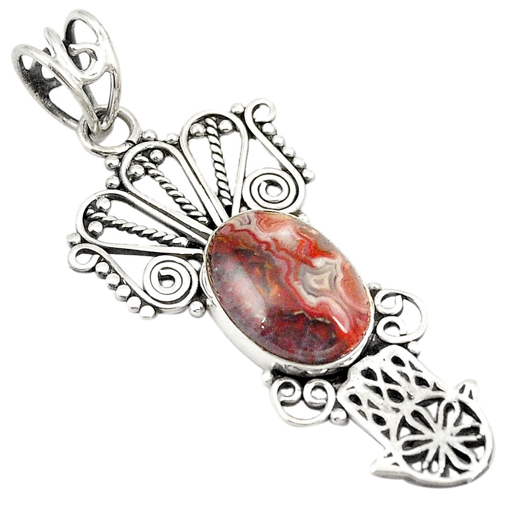 Natural mexican laguna lace agate 925 silver hand of god hamsa pendant d24453