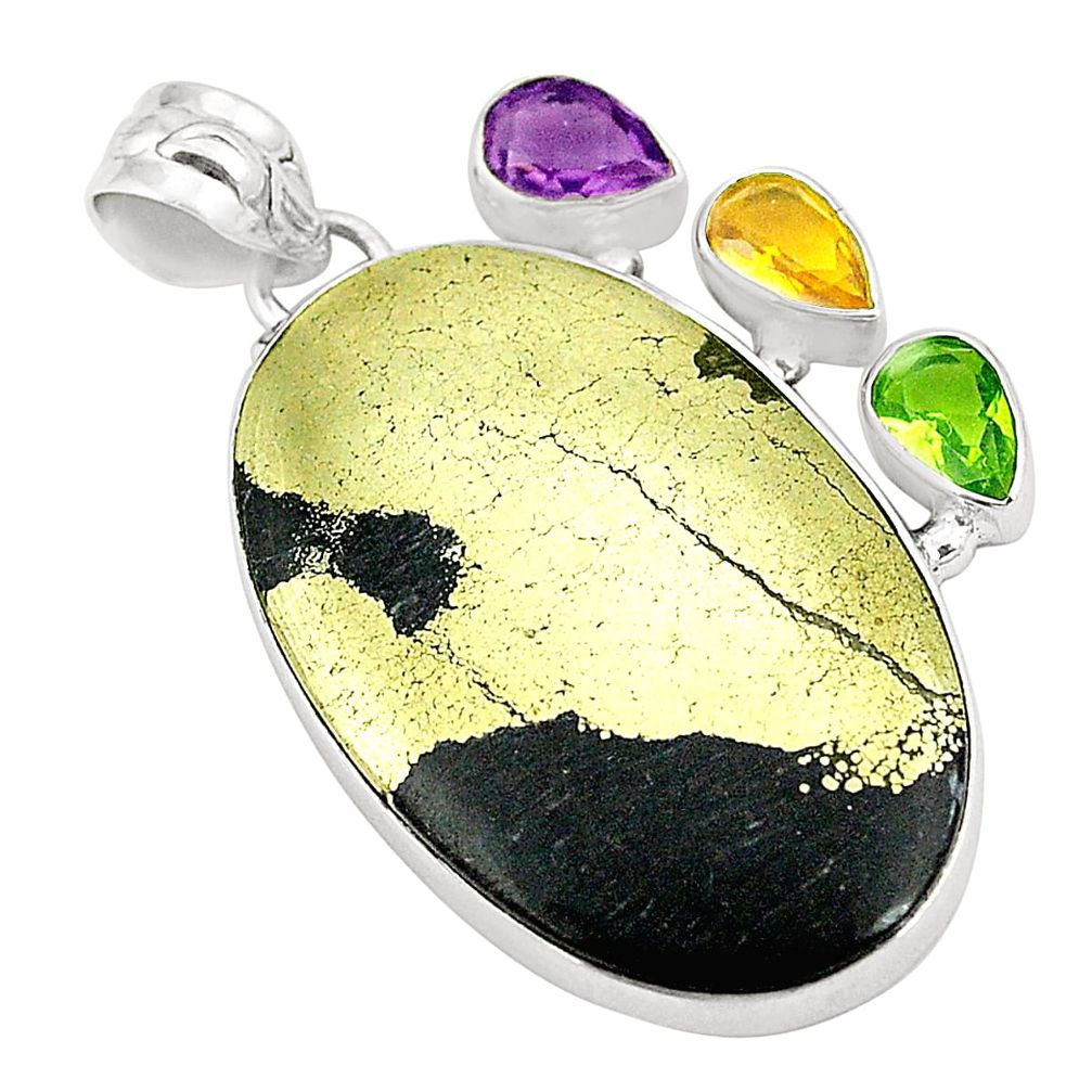 Natural golden pyrite in magnetite (healer's gold) 925 silver pendant d24490