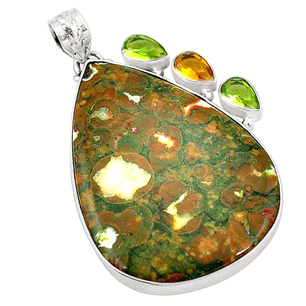 Natural multi color rainforest rhyolite jasper peridot 925 silver pendant d24494