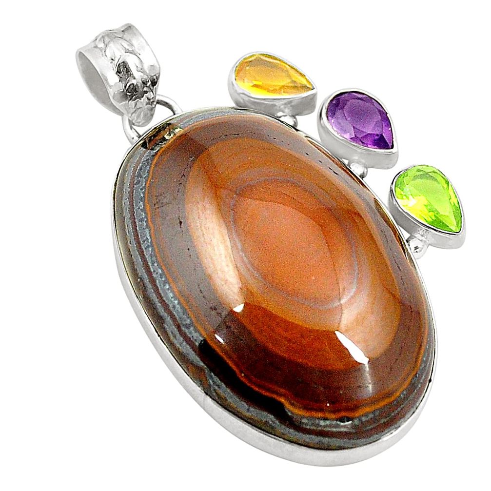 Natural brown tiger's hawks eye purple amethyst 925 silver pendant d24511