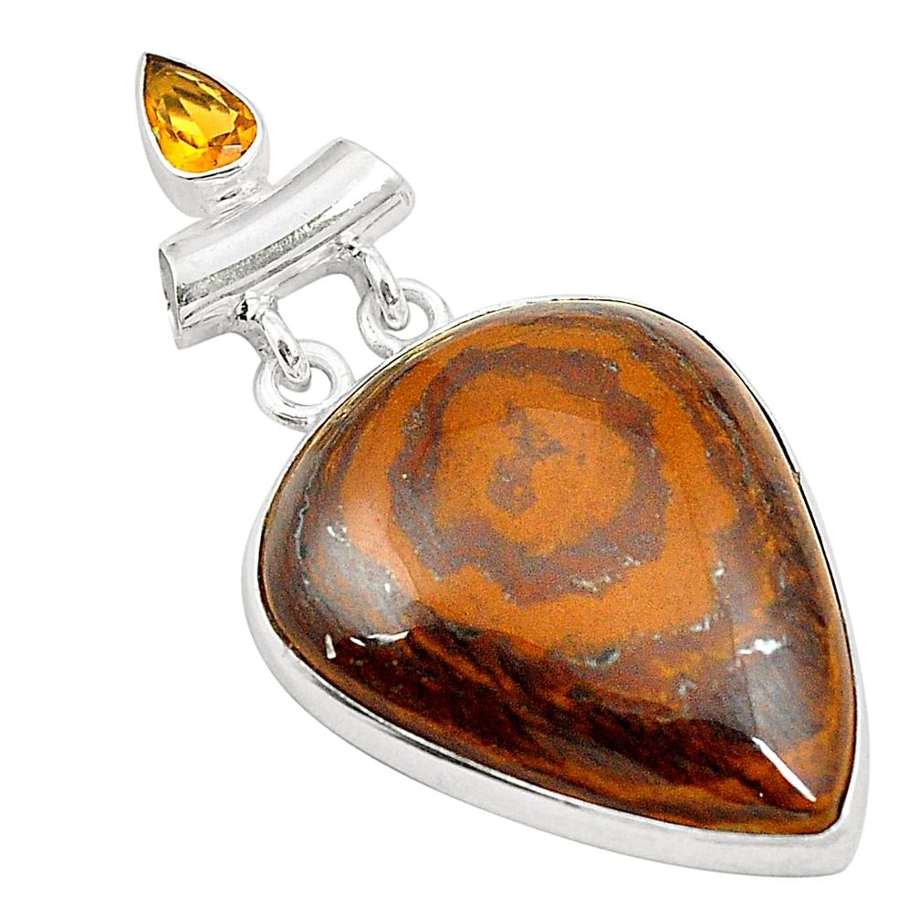 925 silver natural brown tiger's hawks eye yellow citrine pendant d24517