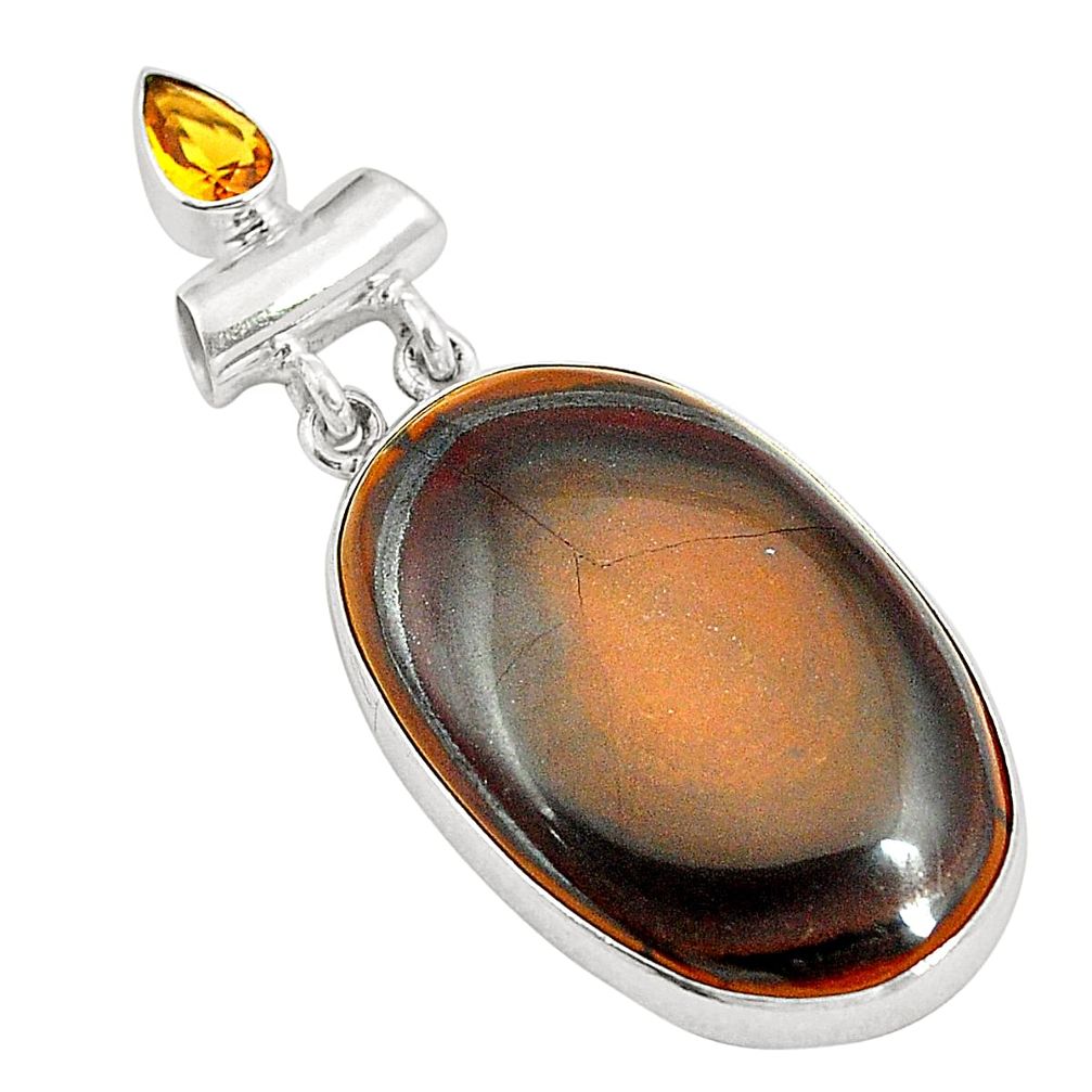 925 silver natural brown tiger's hawks eye yellow citrine pendant d24519